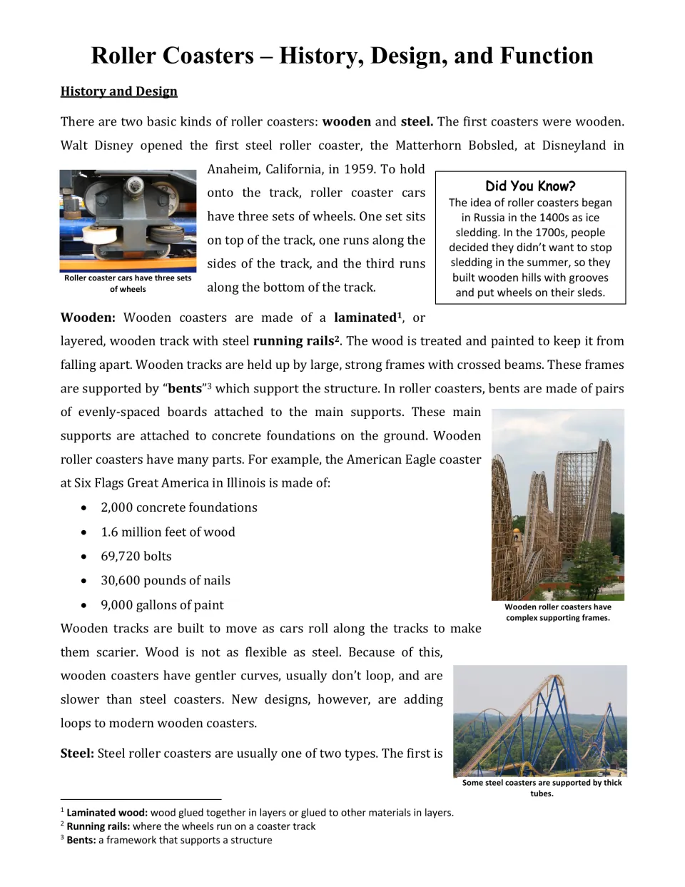 Roller coaster history and design reading: wheel sets, wooden coaster build, Did You Know box on Russian ice slides