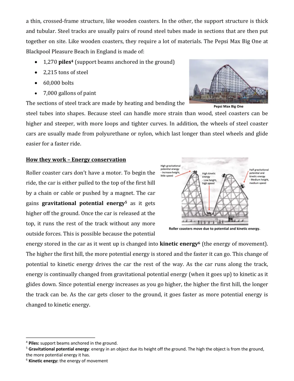 Steel coasters and energy conservation: text and diagram on gravitational potential energy changing to kinetic energy
