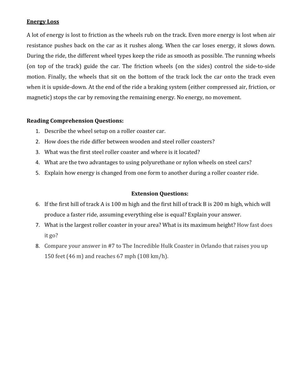 Energy loss from friction and air resistance, then 5 reading comprehension and 3 extension questions on coaster physics