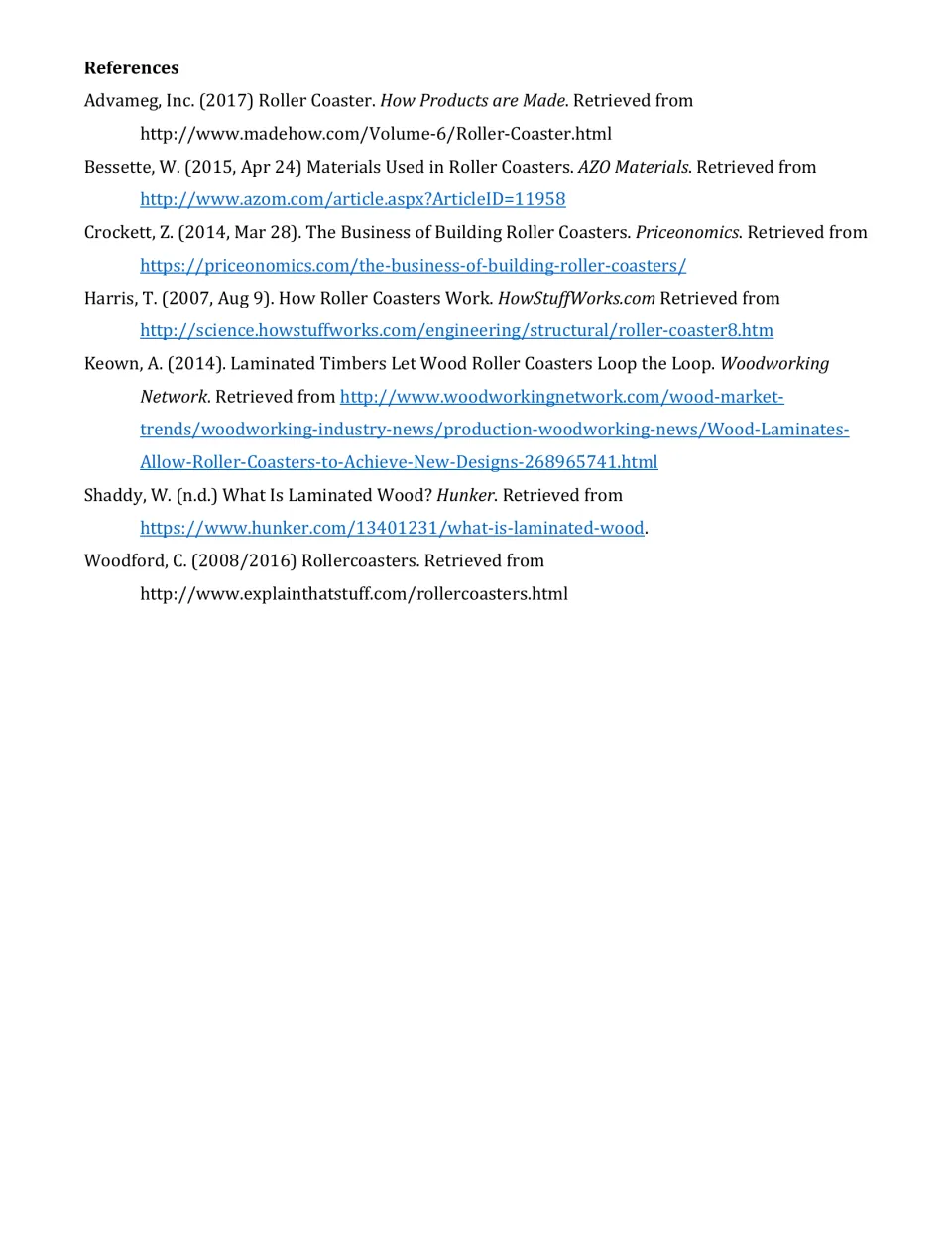 References list citing seven web sources on how roller coasters are built and work, such as HowStuffWorks and Priceonomics