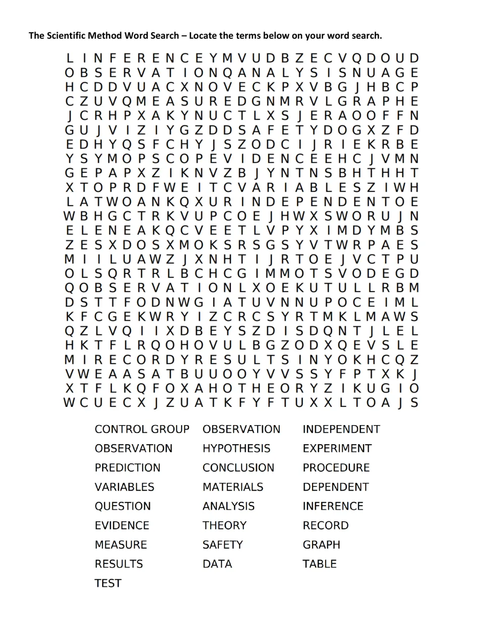 Scientific method vocabulary word search: students find 25 terms such as hypothesis, control group, variables and inference