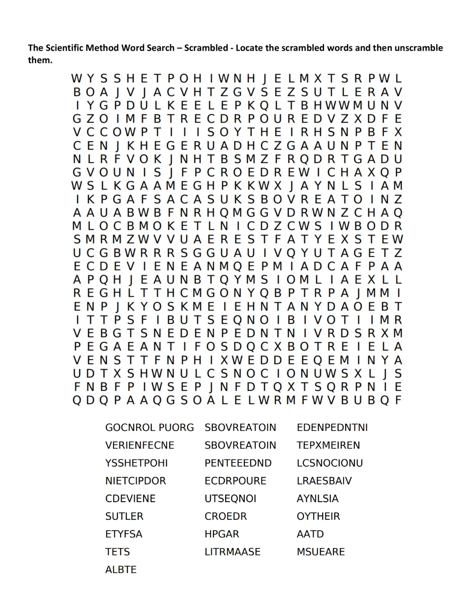 Scrambled word search: students locate jumbled lab terms like YSSHETPOHI and GOCNROL PUORG in the grid, then unscramble them