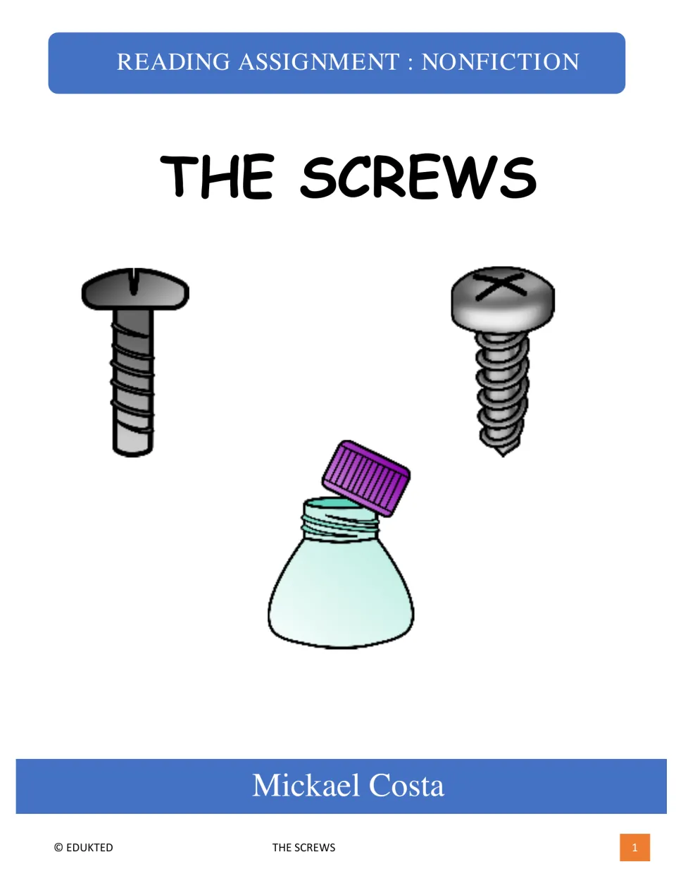 Cover of The Screws nonfiction reading packet by Mickael Costa, illustrated with screws and a bottle cap