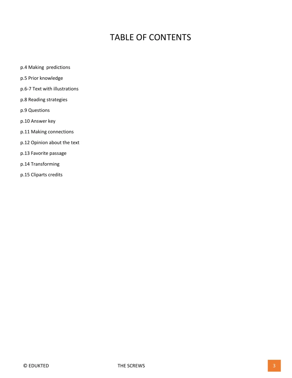 Table of contents lists predictions, prior knowledge, illustrated text, questions, answers, and response activities