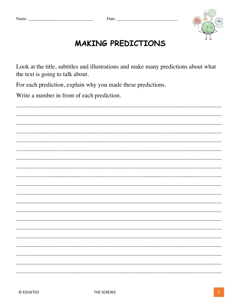 Prediction activity asks students to use the title, subtitles, and illustrations and explain each prediction