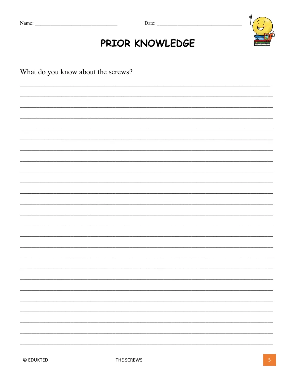 Prior-knowledge activity asks students to write what they already know about screws before reading the text