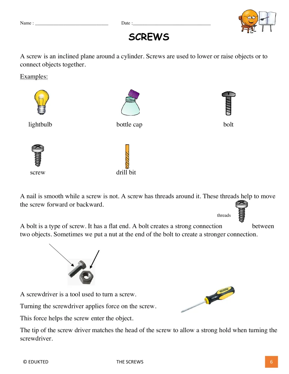 Illustrated reading passage defines screws and explains threads, bolts, nuts, and how a screwdriver applies force