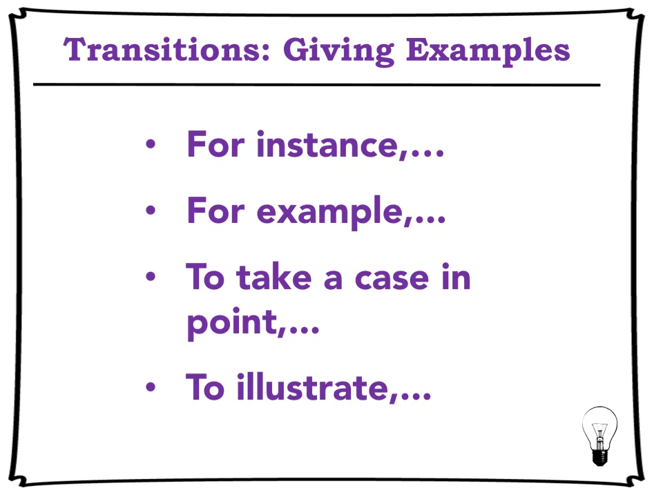 Transitions for giving examples: slide listing For instance, For example, To take a case in point and To illustrate