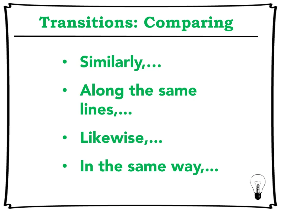 Transitions for comparing: slide listing Similarly, Along the same lines, Likewise and In the same way to show similarity
