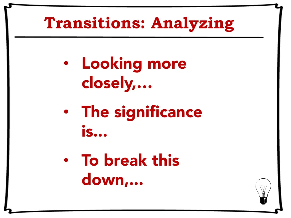 Transitions for analyzing: slide listing Looking more closely, The significance is and To break this down for analysis