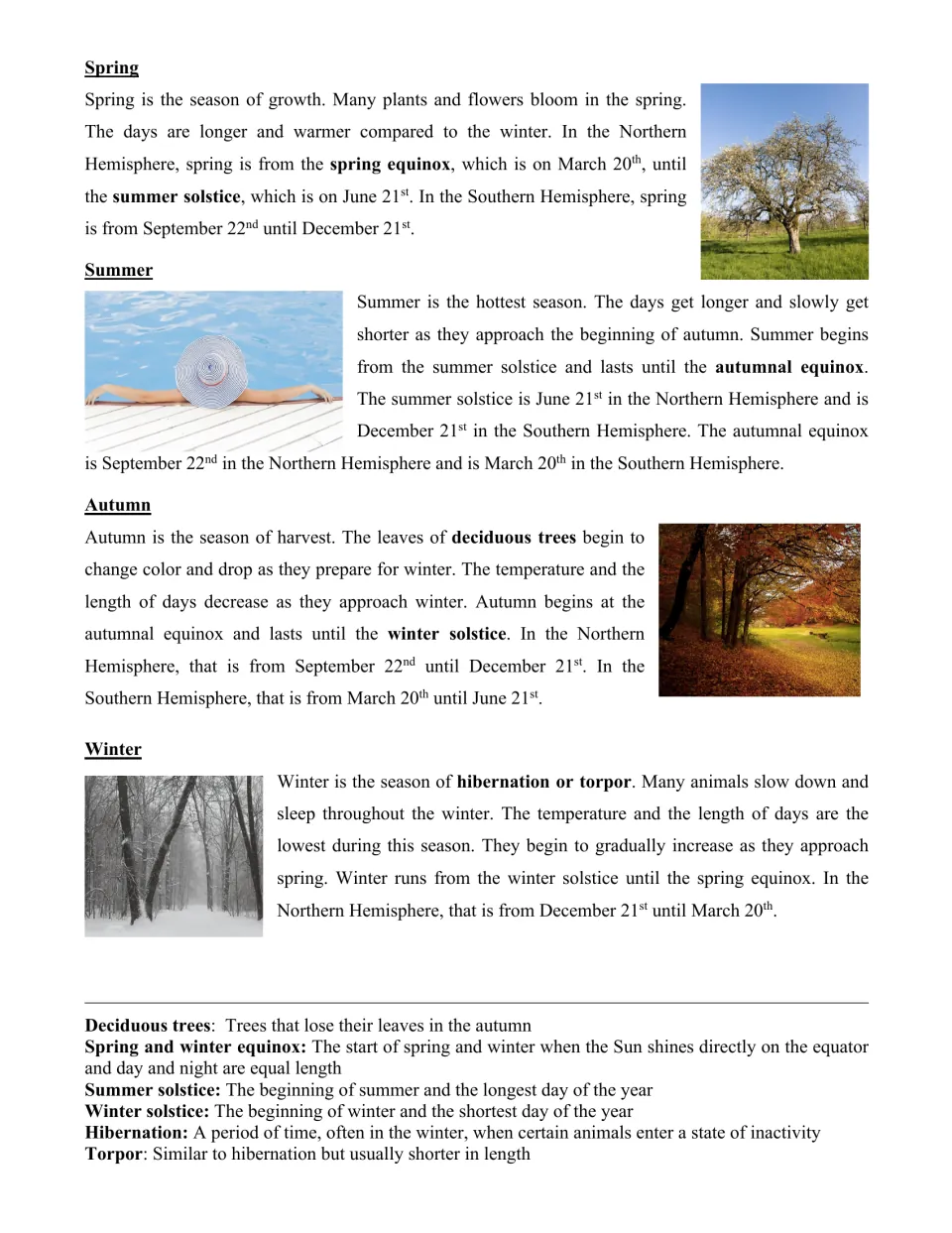 Spring, summer, autumn and winter: students read each season's traits and its equinox and solstice dates