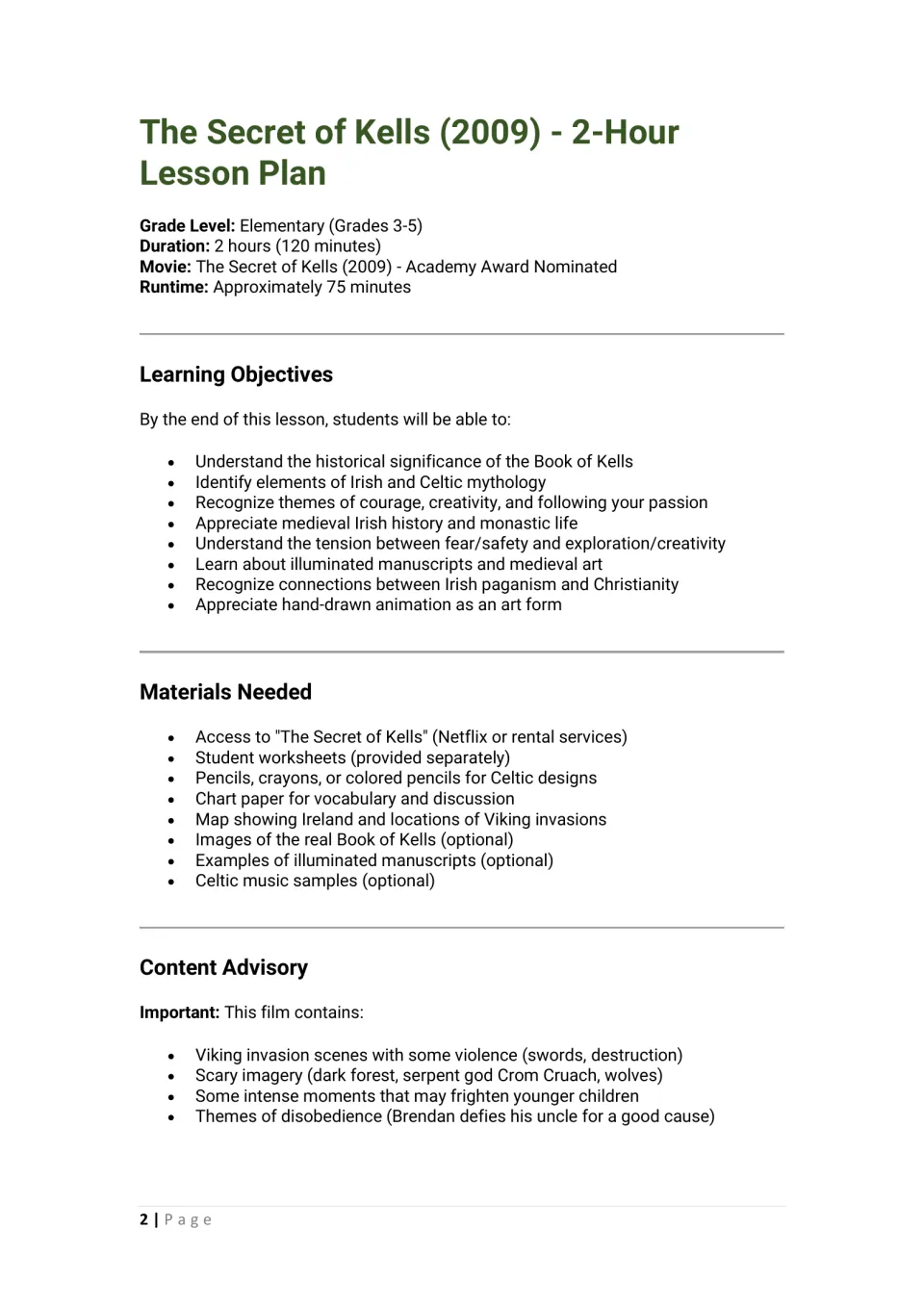 Lesson plan opening: learning objectives, materials, and content advisories for the medieval Ireland film