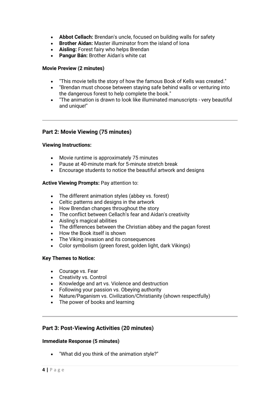 Viewing lesson: character introductions, movie preview, active viewing prompts, themes, and initial response