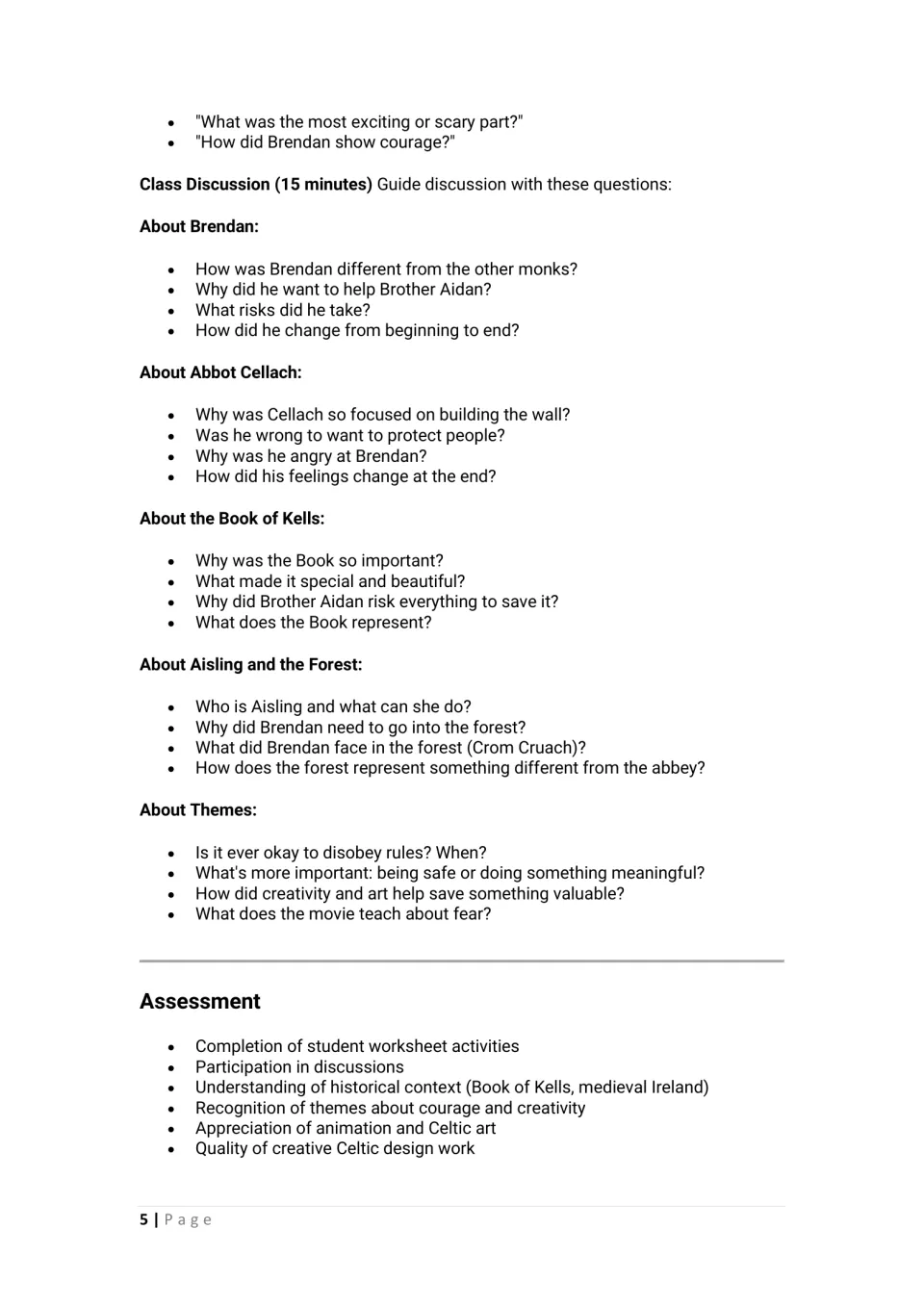 Post-viewing lesson: discussion questions about Brendan, Cellach, the Book, Aisling, and themes; assessment