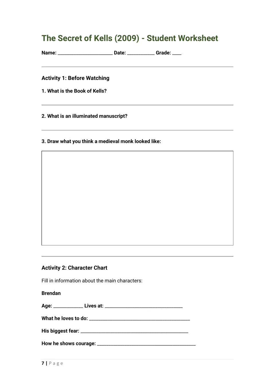Student activities 1–2: define the Book of Kells and illuminated manuscripts, draw a monk, and analyze Brendan