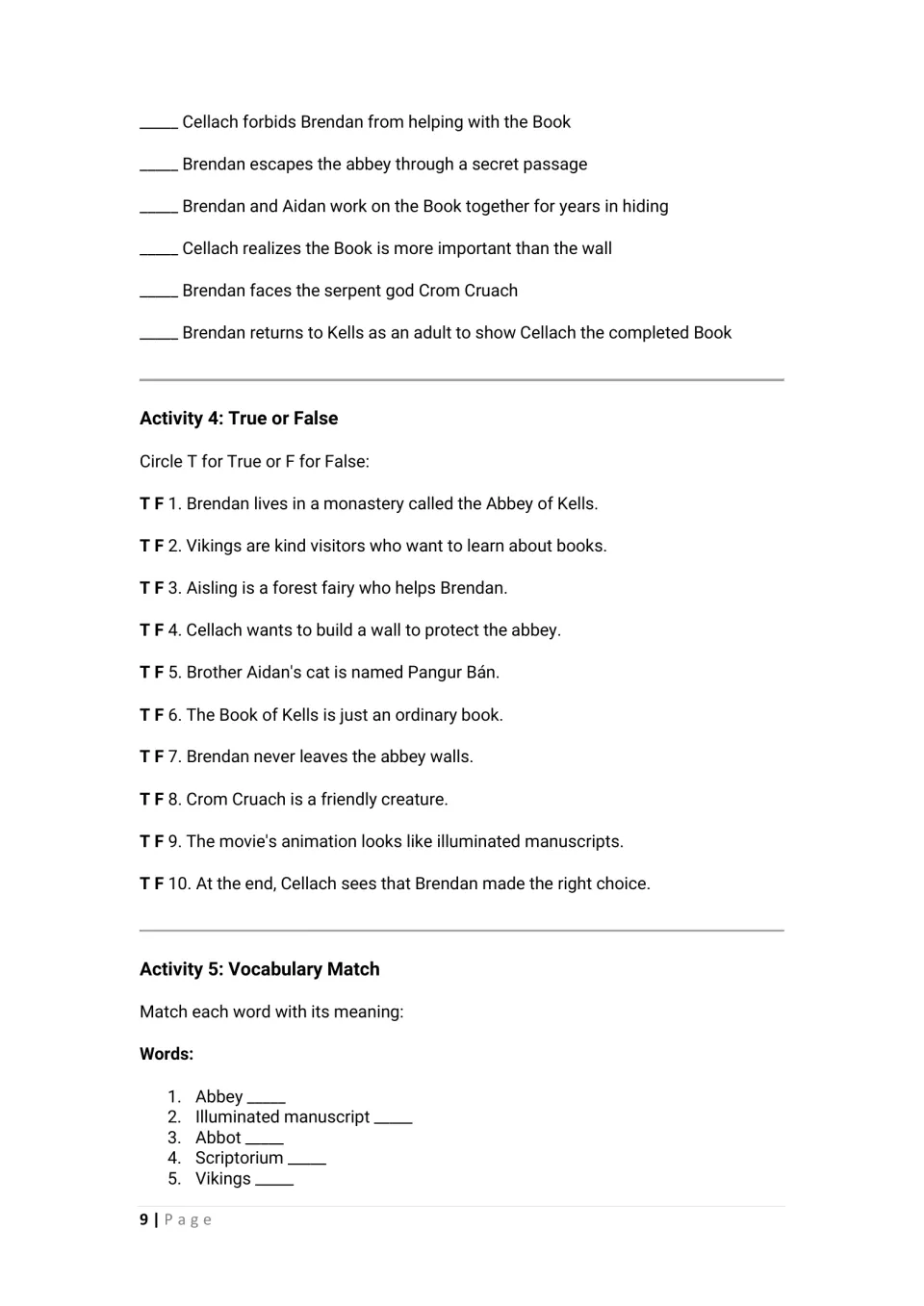 Student activities 3–5: story sequencing continues, followed by 10 true-or-false statements and vocabulary