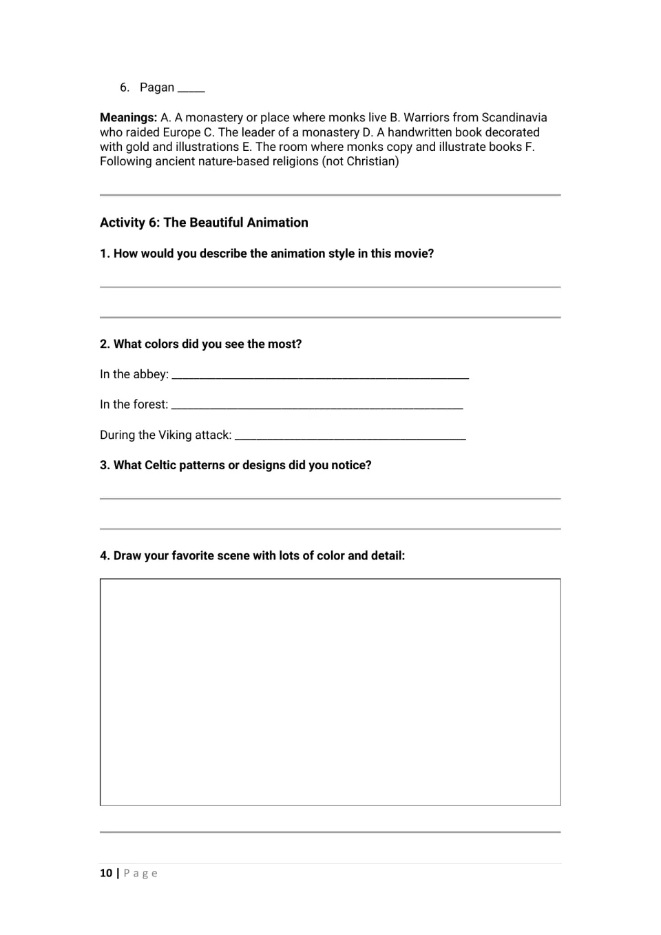 Student activities 5–6: vocabulary meanings, animation style, scene colors, Celtic patterns, and a favorite scene