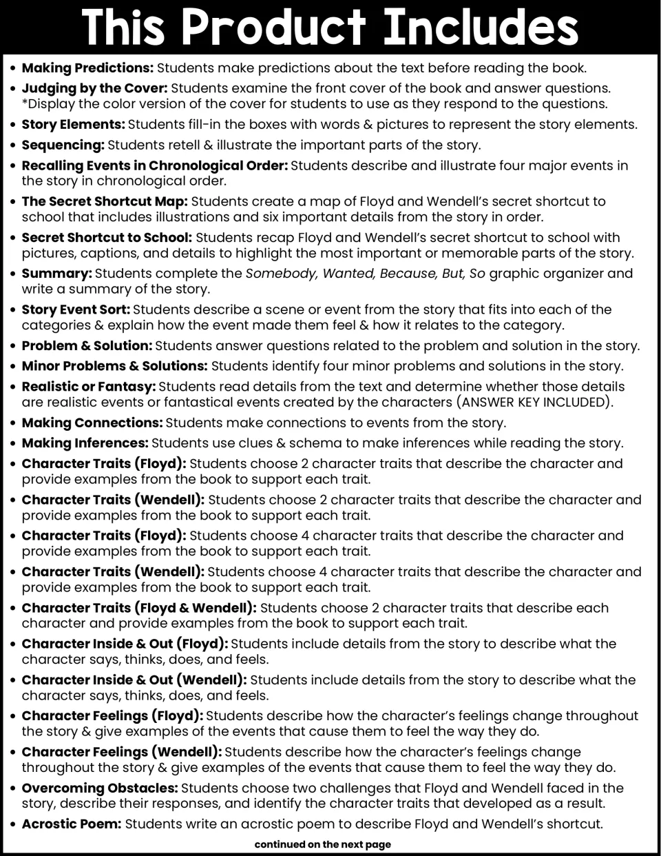 Contents list, part 1: predictions, story elements, sequencing, summary, problem and solution, and character traits