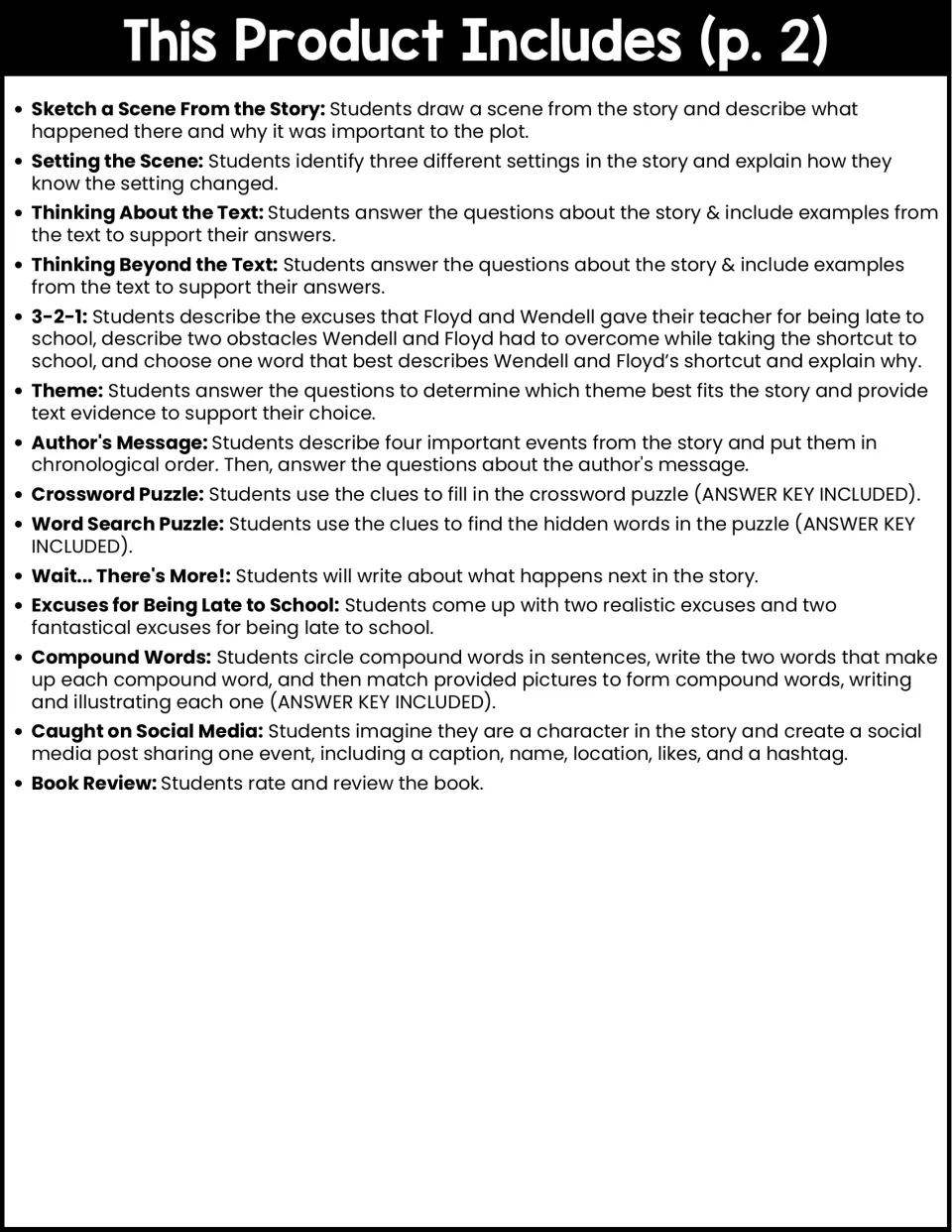 Contents list, part 2: theme, author's message, crossword, word search, compound words, social media post and book review