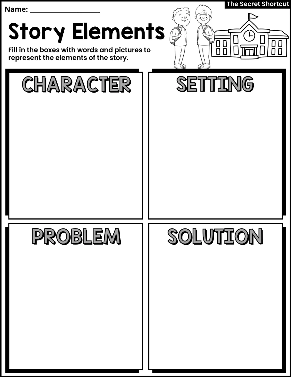 Story elements organizer: students use words and pictures to record the character, setting, problem and solution
