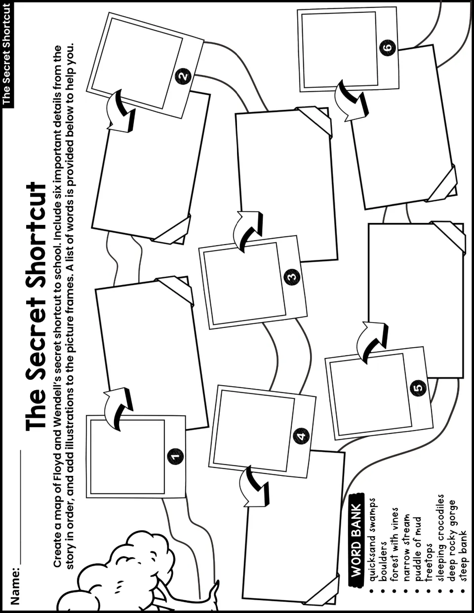 Shortcut map: students draw and describe six details of Floyd and Wendell's route to school in order, with a word bank