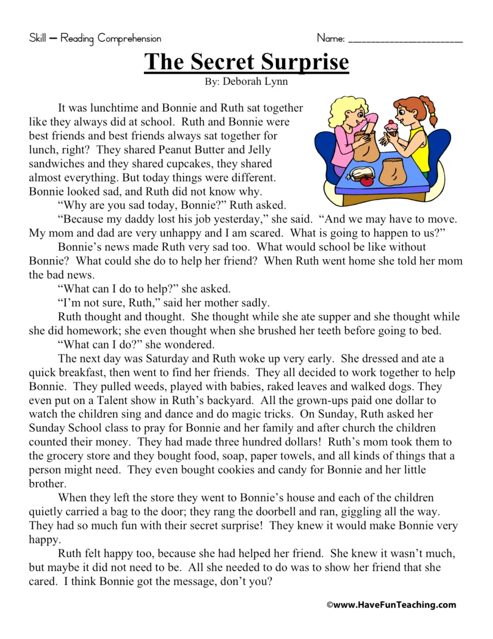 Reading passage about Ruth and her friends raising $300 to buy groceries for Bonnie after her dad loses his job.