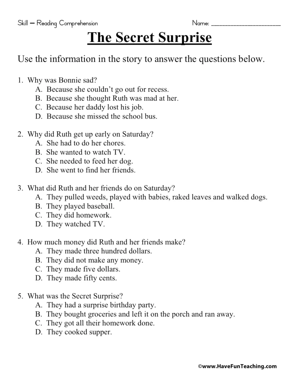 Five multiple-choice questions about Bonnie's sadness, Ruth's plans, the children's work, money, and surprise.