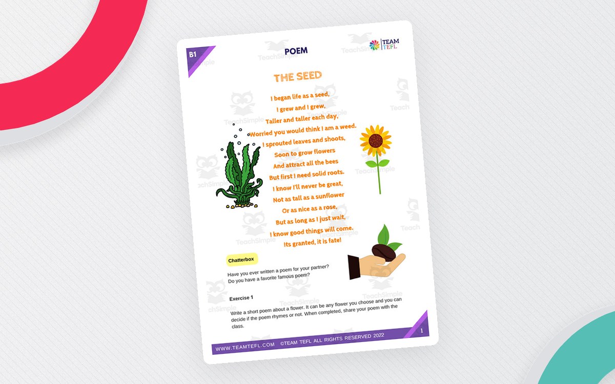 The Seed Poem Intermediate Lesson Plan preview: Two-page printable worksheet: The Seed B1 New (PDF)