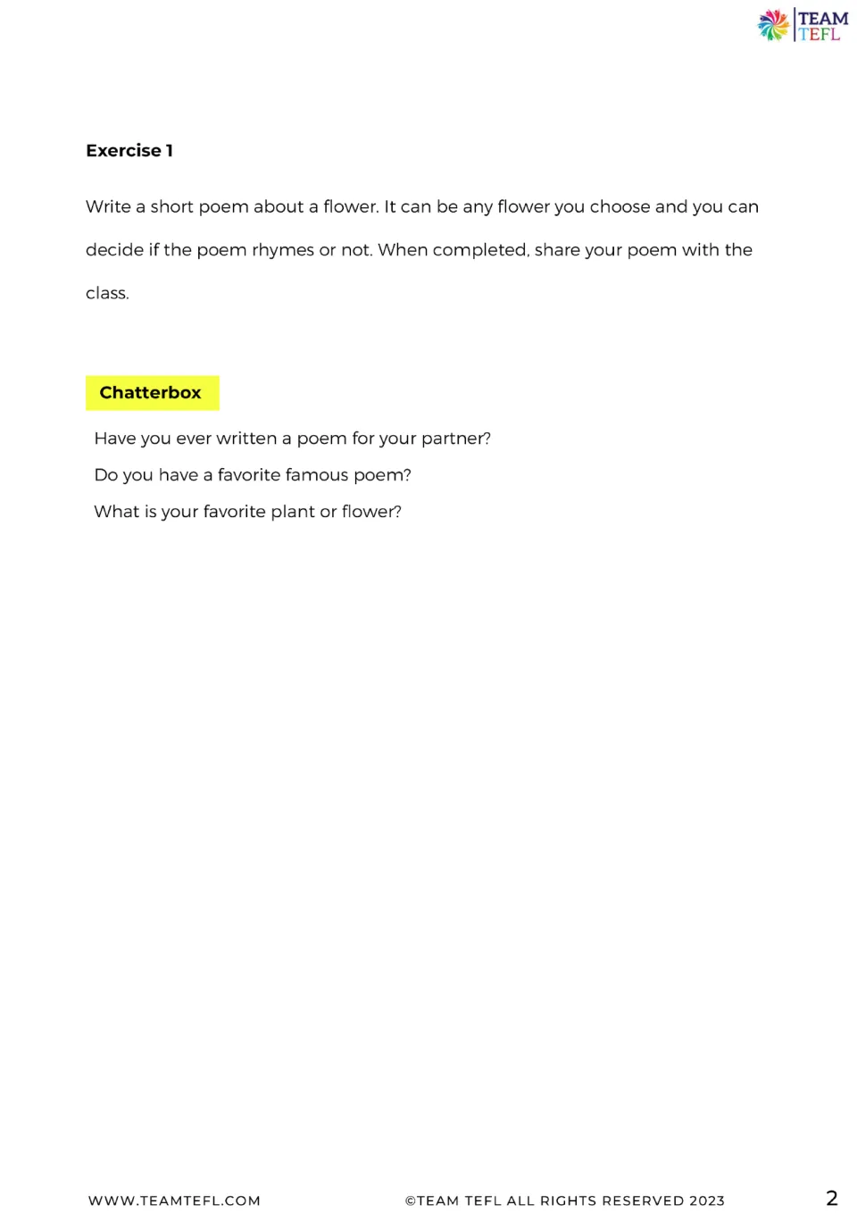 Flower poem writing task: students write a short poem about a chosen flower, then discuss poems and favorite plants