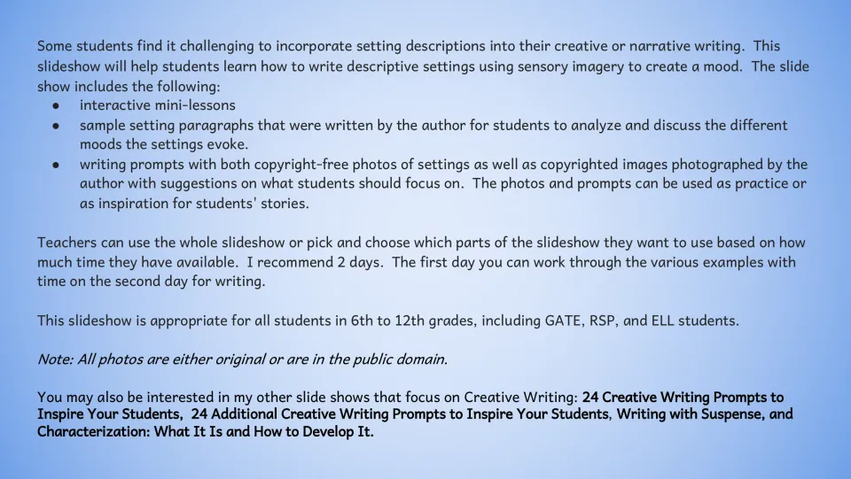 Teacher overview of mini-lessons, sample setting paragraphs, photo writing prompts, and a two-day plan