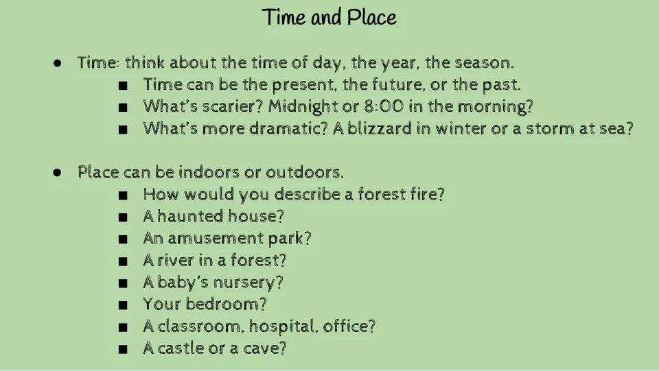 Time and Place lesson slide explores time of day, year, season, and indoor or outdoor story locations