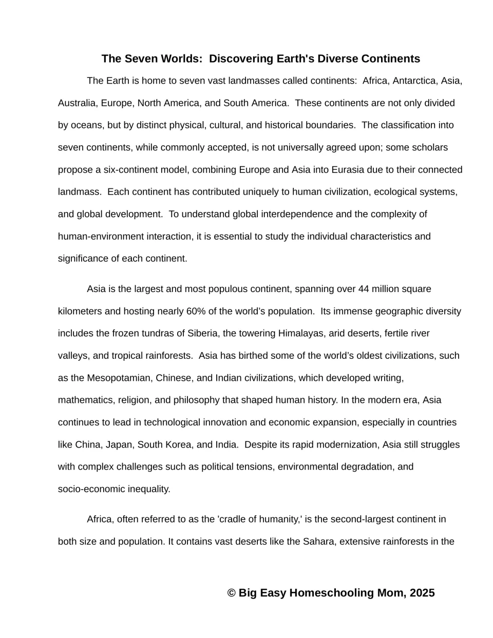 Reading passage part 1 introduces the seven-continent model, describes Asia, and begins the Africa section.