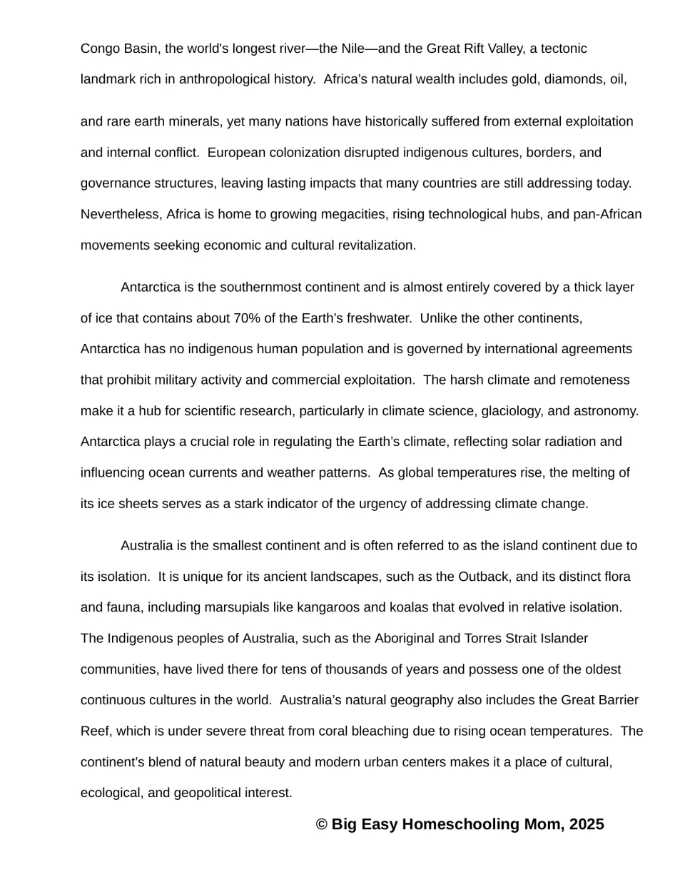 Reading passage part 2 continues Africa, then covers Antarctica's ice and research and Australia's wildlife.