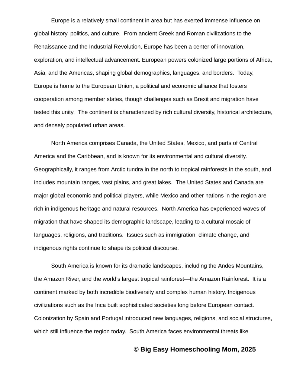 Reading passage part 3 covers Europe's history, North America's diversity, and South America's landscapes.