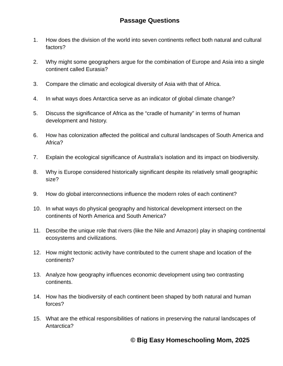 Comprehension questions 1–15 address continent boundaries, climate, colonization, biodiversity, and geography.