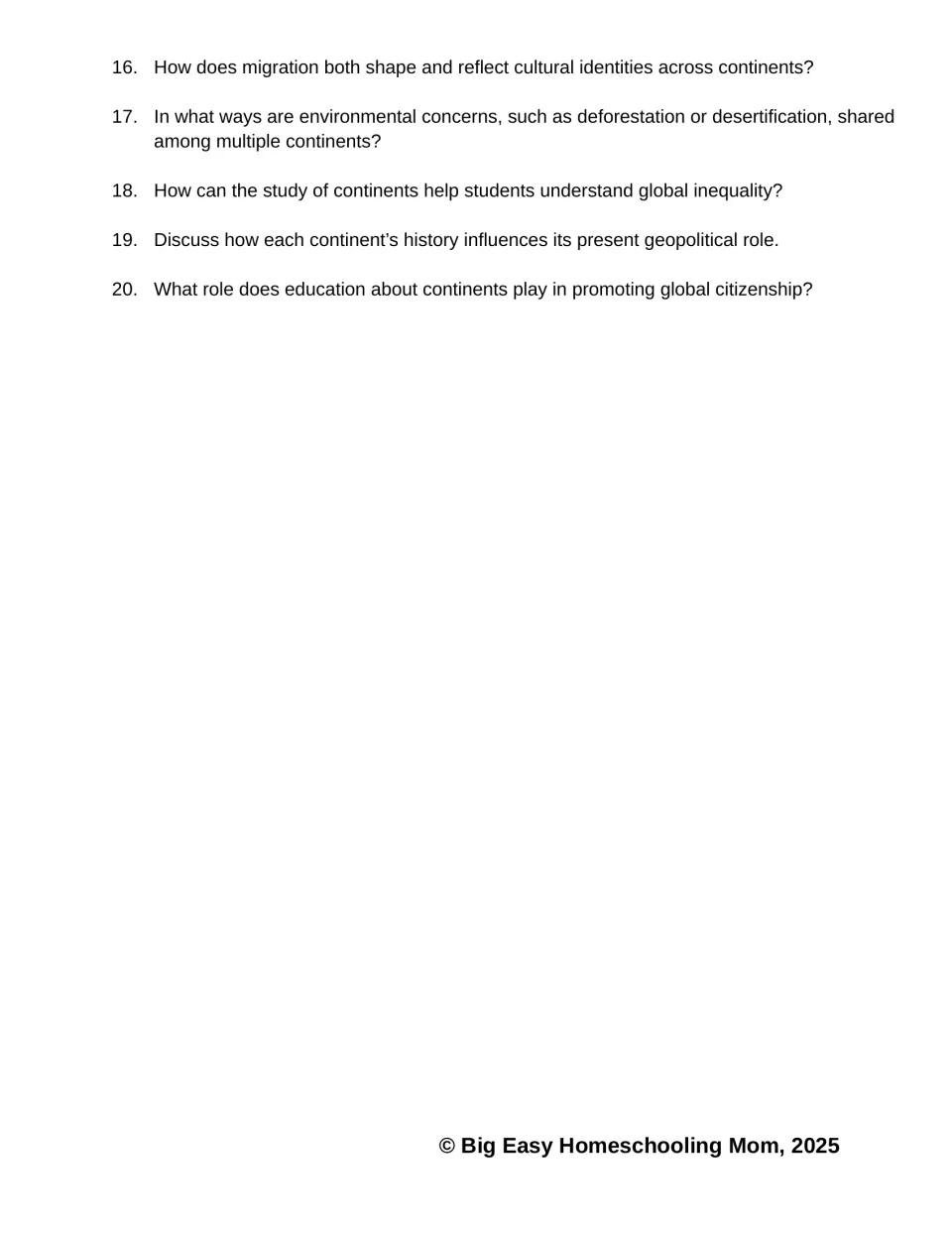Comprehension questions 16–20 cover migration, environmental concerns, inequality, geopolitics, and education.