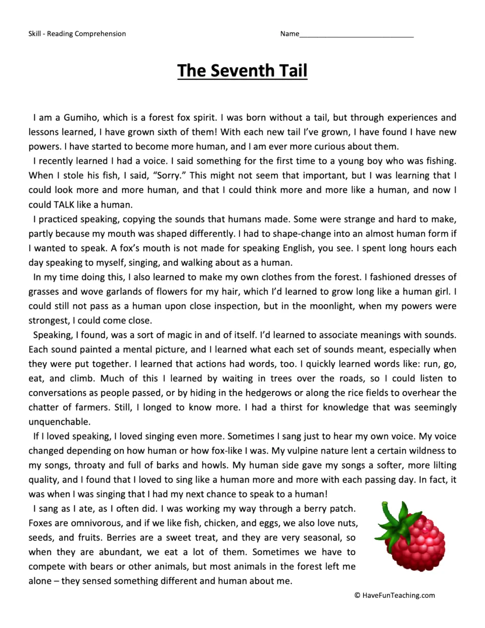 Reading passage, part 1: a Gumiho fox spirit practices speaking and singing and eats berries in the forest.