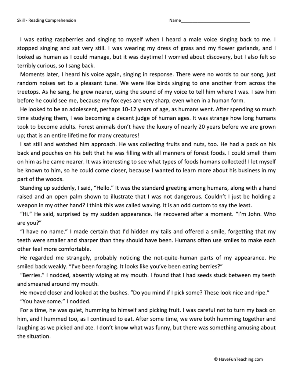 Reading passage, part 2: the fox girl meets John, a boy foraging in the woods, and shares berries with him.