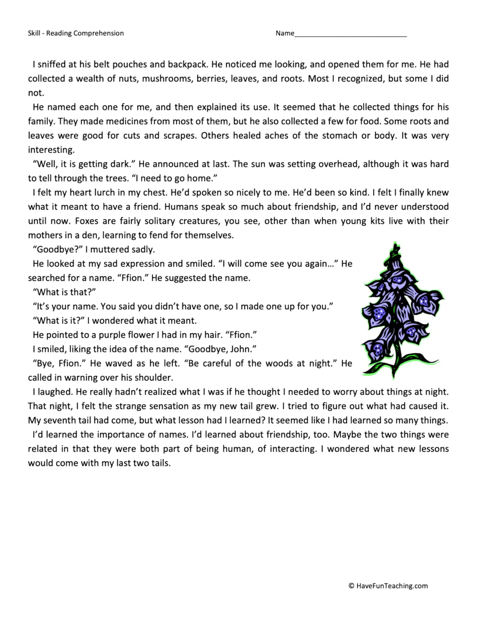 Reading passage, part 3: John names the fox girl Ffion, and she grows a seventh tail after learning friendship.