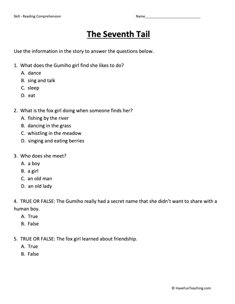 Five comprehension questions ask about the fox girl's interests, berry picking, new friend, name, and friendship.