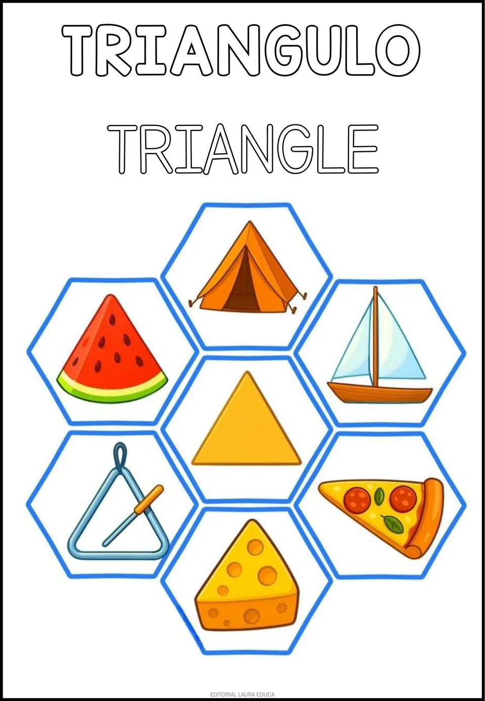 Triangle in Spanish and English: TRIANGULO and TRIANGLE around a yellow triangle with a tent, sailboat, pizza and cheese