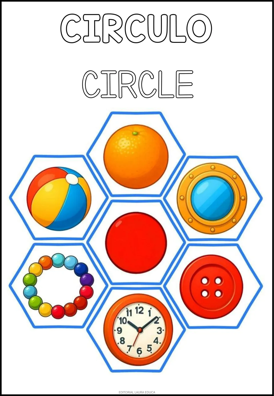 Circle in Spanish and English: CIRCULO and CIRCLE beside a red circle with an orange, beach ball, clock and button