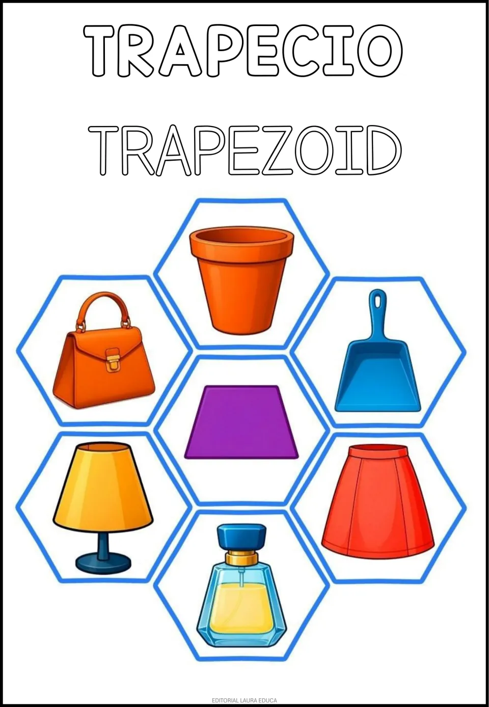 Trapezoid in Spanish and English: TRAPECIO and TRAPEZOID with a purple trapezoid, flowerpot, handbag, lamp and skirt