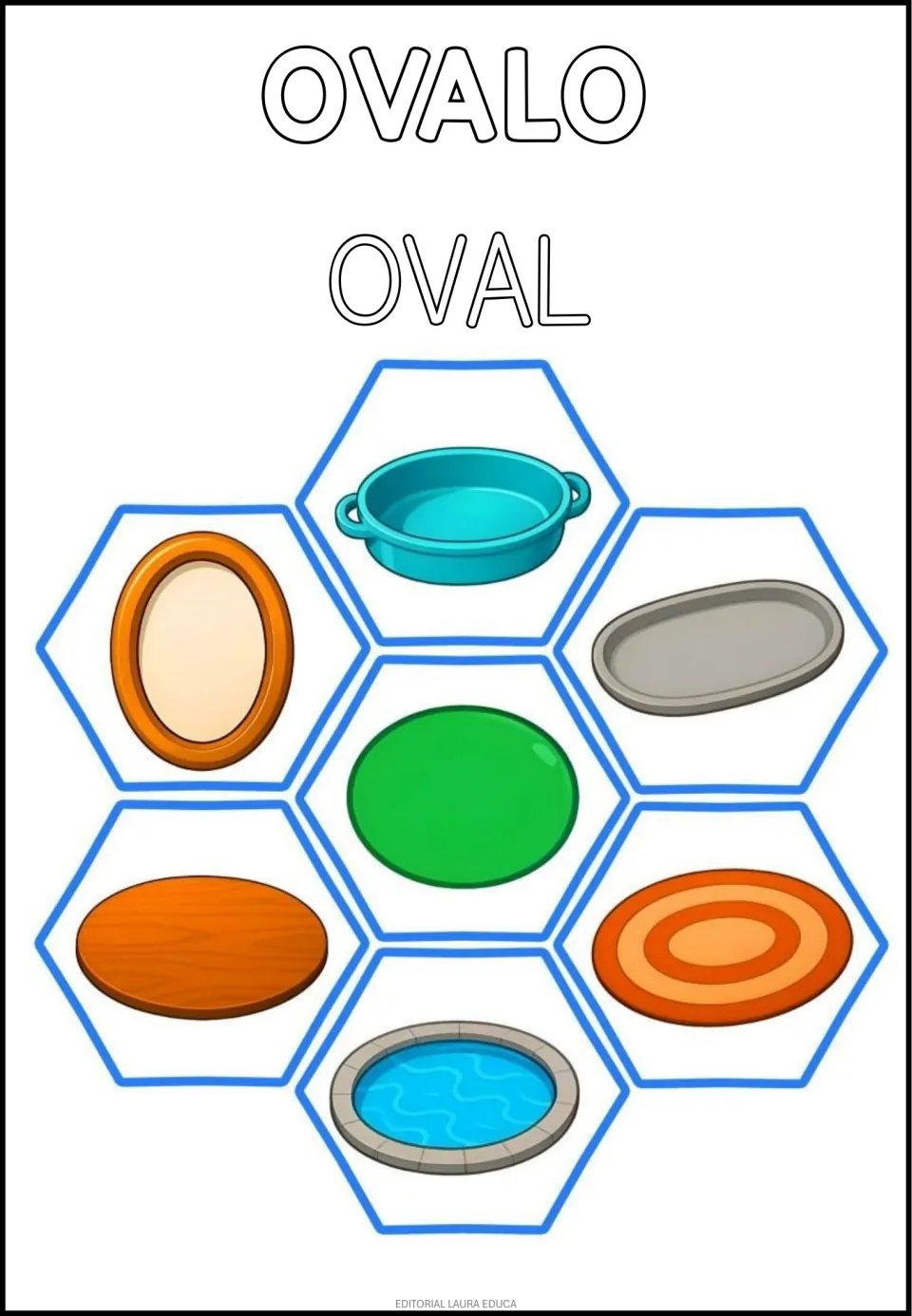 Oval in Spanish and English: OVALO and OVAL around a green oval with a mirror, tray, wooden board, rug and pool
