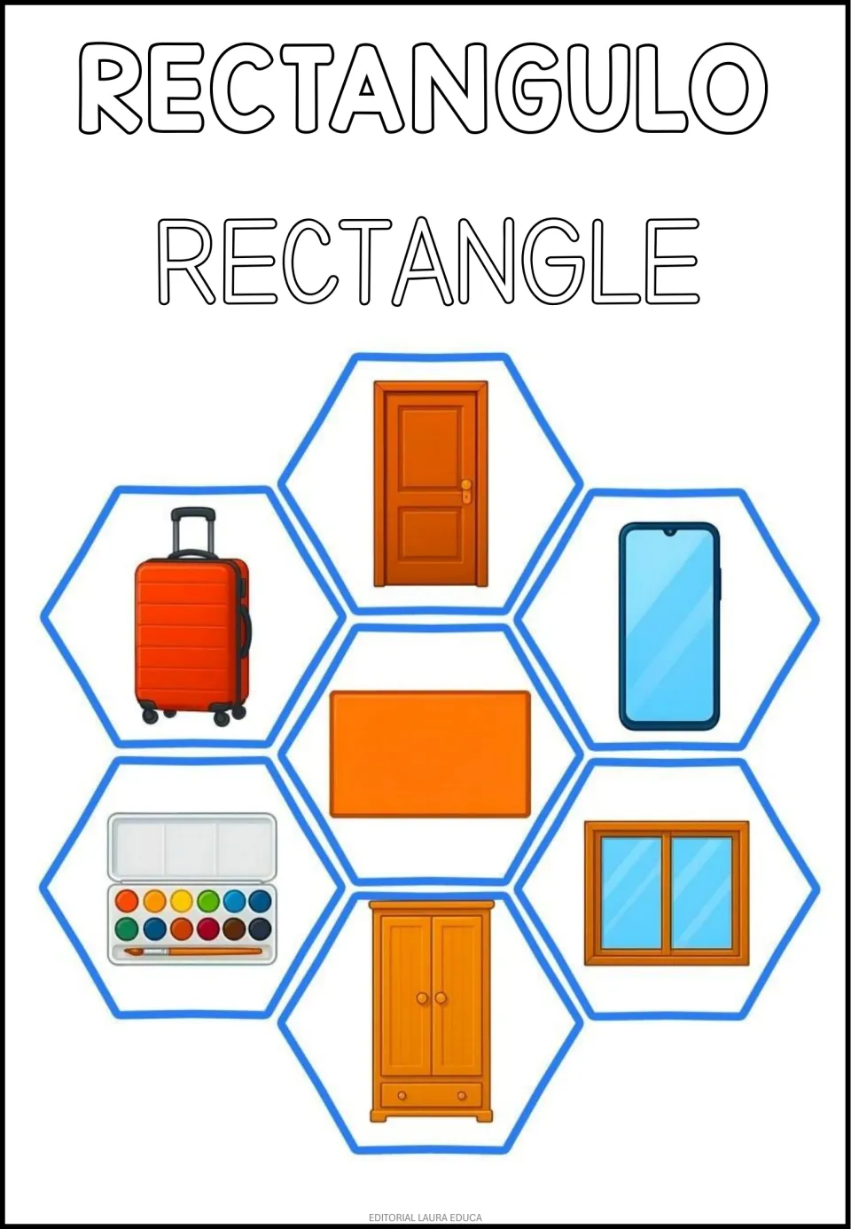 Rectangle in Spanish and English: RECTANGULO and RECTANGLE with an orange rectangle, door, suitcase, window and wardrobe