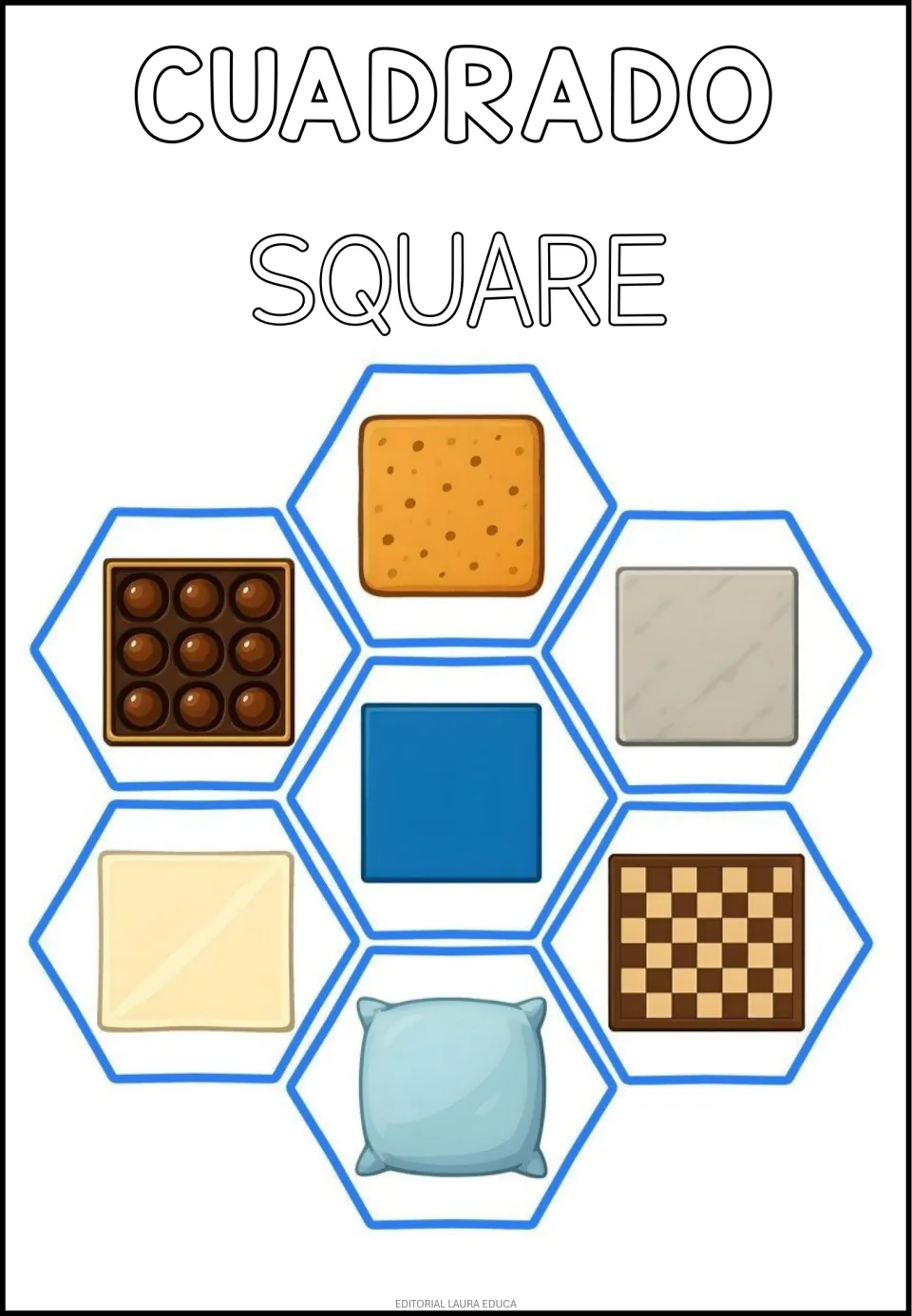 Square in Spanish and English: CUADRADO and SQUARE by a blue square with a cracker, chessboard, pillow and chocolates