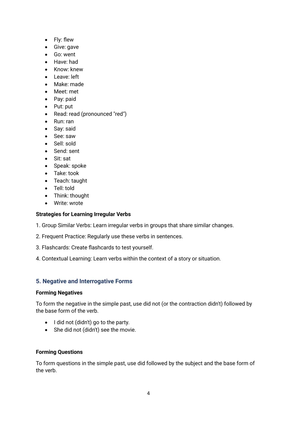 Irregular past forms from fly to write, four memorizing strategies, and forming negatives with did not plus the base verb