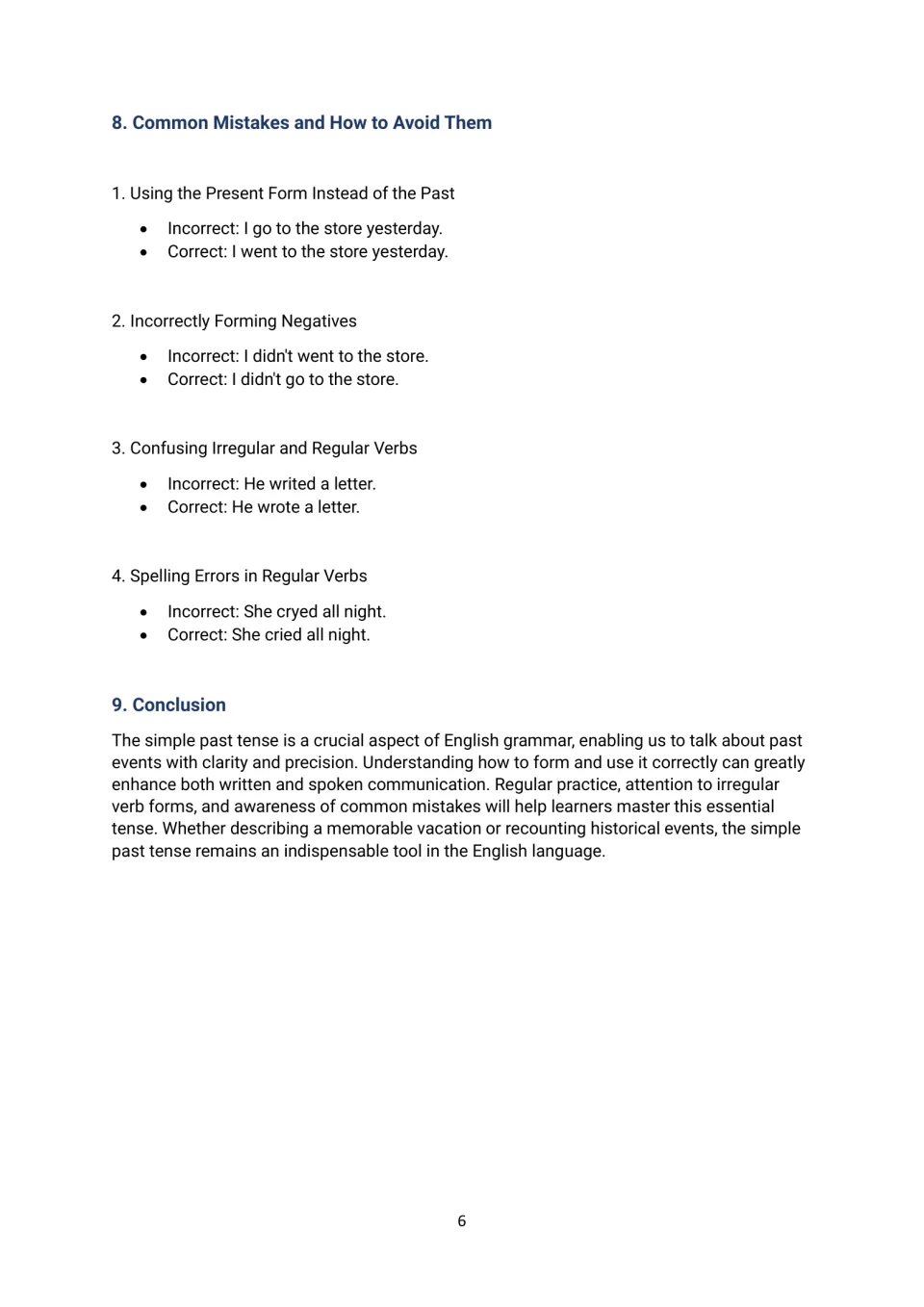 Common past-tense errors like 'I didn't went' and 'he writed', each shown beside the corrected sentence, plus a conclusion