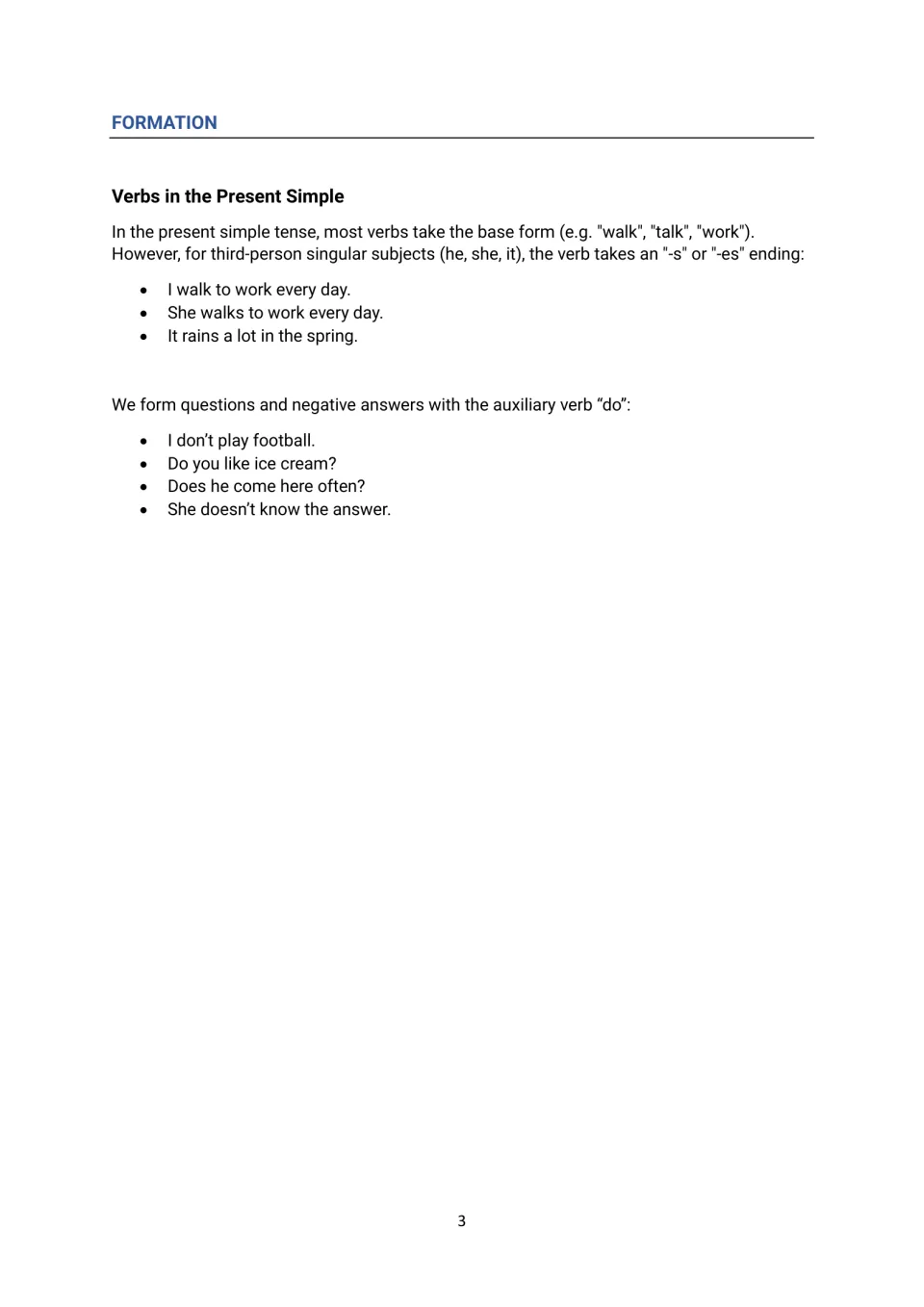 Present simple formation: base verbs, -s or -es endings for he, she, it, and do/does in questions and negatives