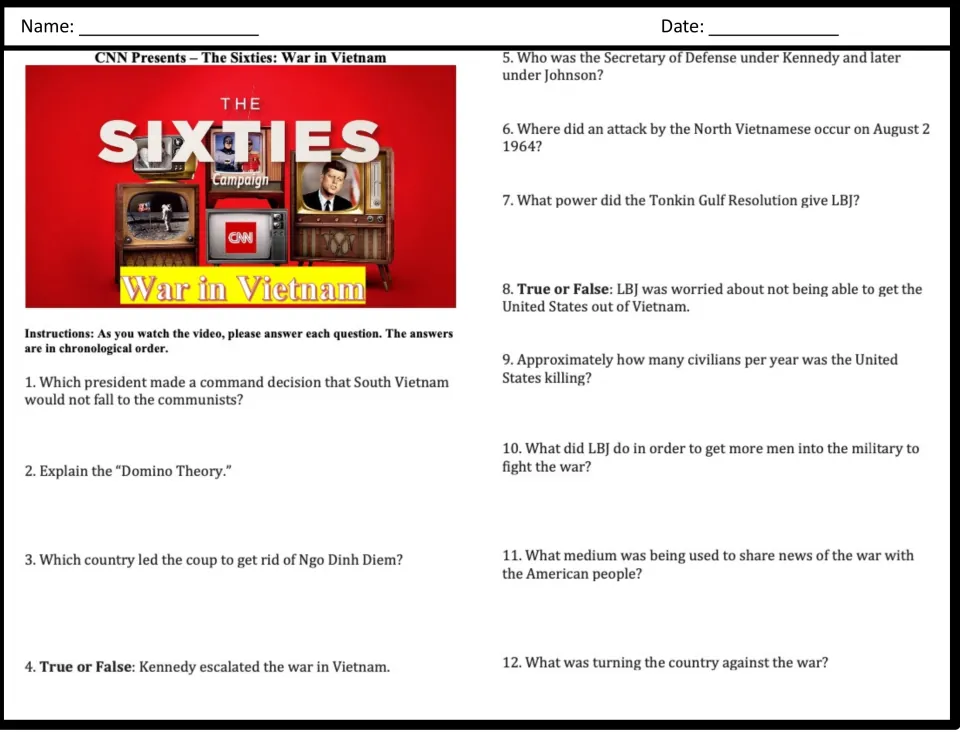 Vietnam War video guide: students answer questions 1-12 on Kennedy, Domino Theory, Diem's coup and Tonkin Gulf Resolution